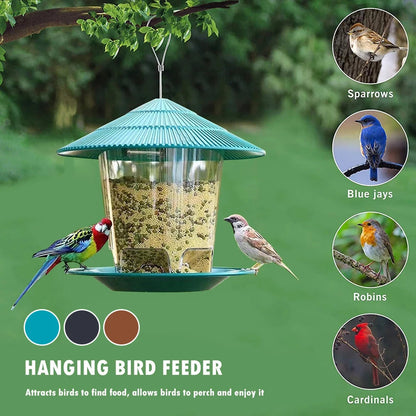 Belro hanging bird feeder with automatic seed dispenser, designed for outdoor garden decor and bird feeding.