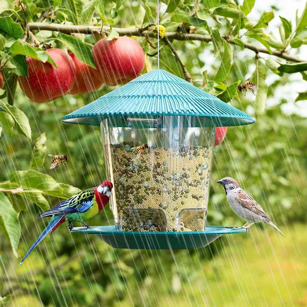 Belro hanging bird feeder with automatic seed dispenser, outdoor garden decor, featuring a metal frame and clear seed chamber.