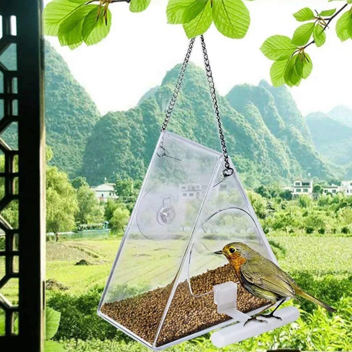 Clear acrylic hanging bird feeder for outdoor garden, designed by Belro, with a transparent container and hanging hook for bird feeding.