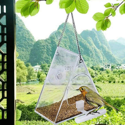 Clear acrylic hanging bird feeder for outdoor garden, designed by Belro, with a transparent container and hanging hook for bird feeding.