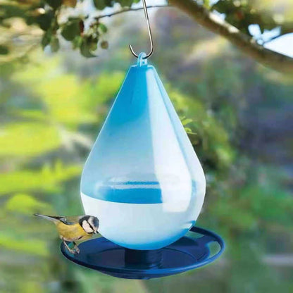 Belro Raindrop Bird Water Feeder hanging outdoors, designed for garden decor and bird hydration.