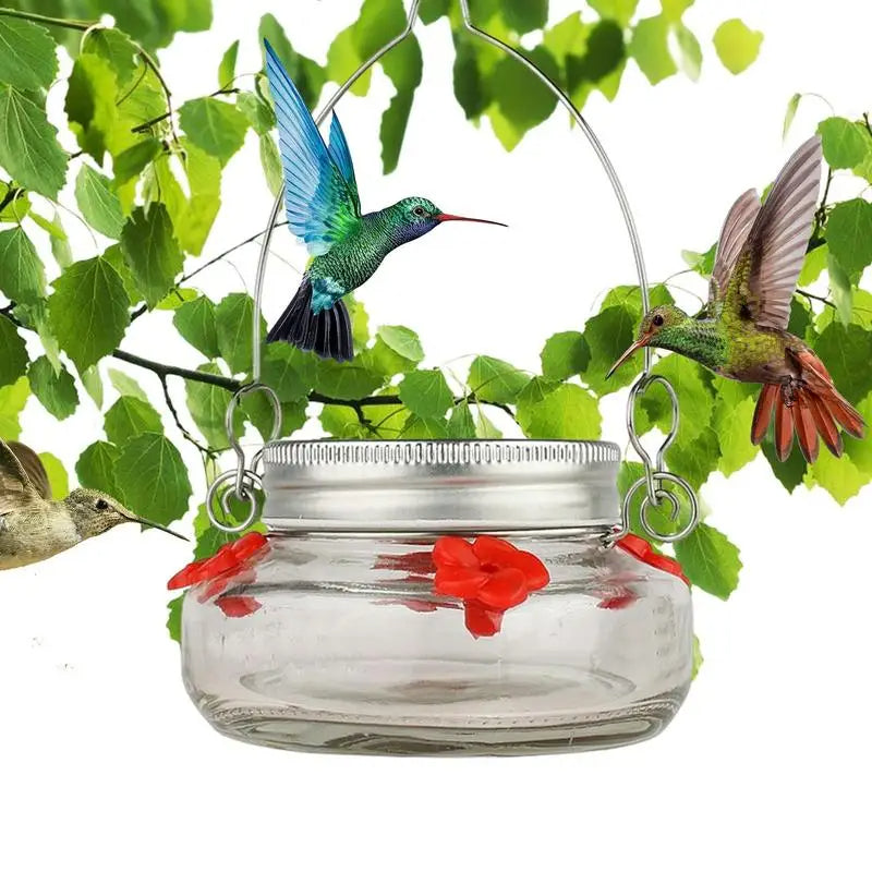 Clear flower port hummingbird feeder by Belro with colorful nectar ports, designed for attracting hummingbirds to your garden.