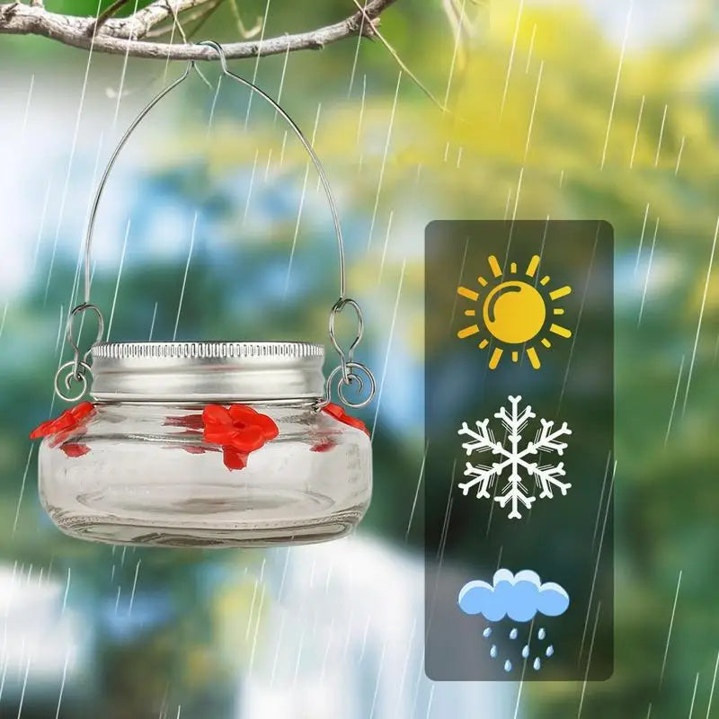 Clear flower port hummingbird feeder by Belro with vibrant flowers and hummingbird perch in a garden setting.
