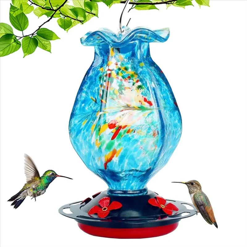 Hand blown glass hanging bird feeder by Belro, featuring a colorful, decorative design for garden bird feeding.