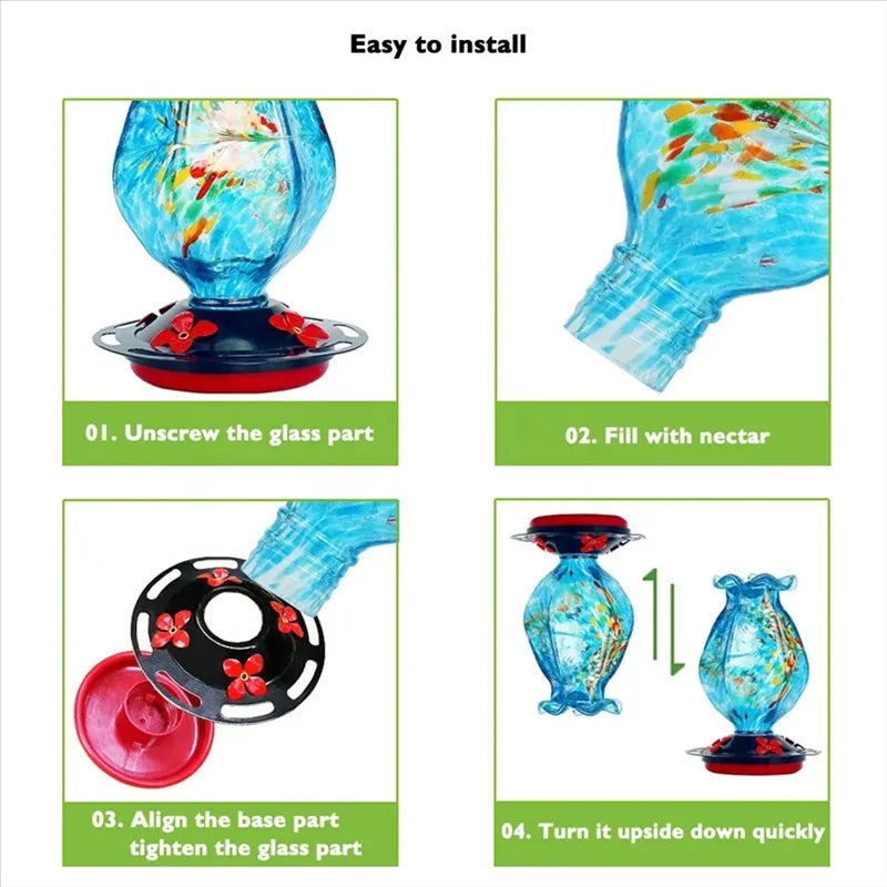 Hand blown glass hanging bird feeder by Belro, decorative garden decor with colorful glass design for outdoor bird feeding.