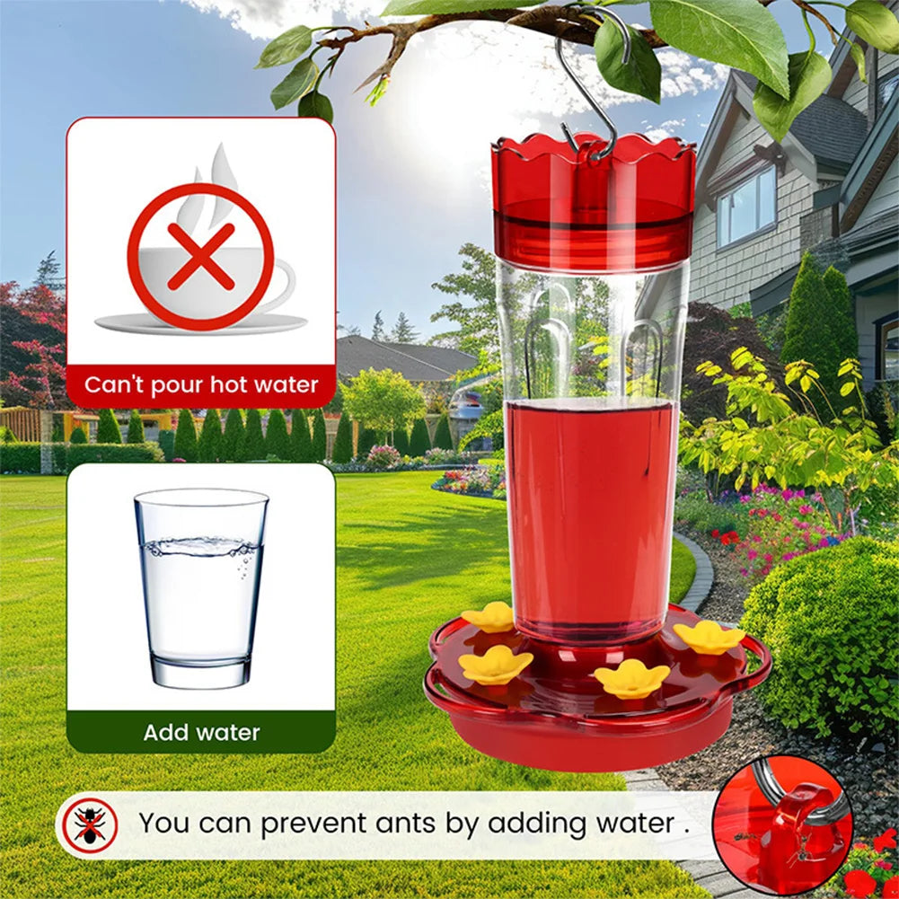 Large plastic hummingbird feeder with hook, designed for easy filling and attracting hummingbirds, in a vibrant home and garden decor setting.