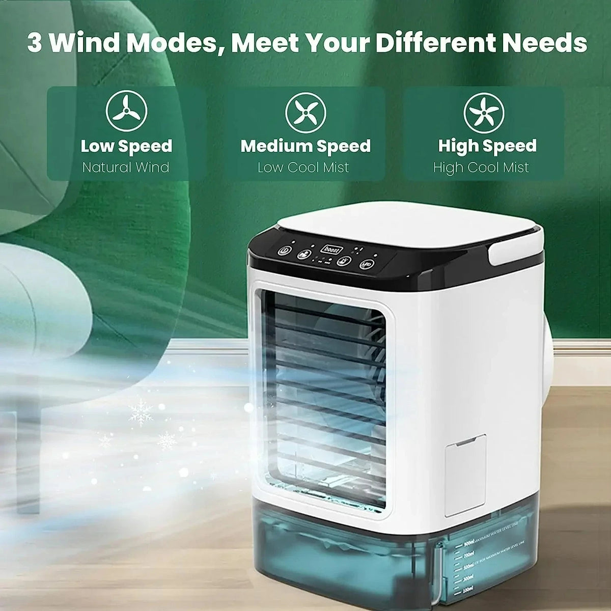 Belro 3-speed portable air conditioner with ultrasonic cooling, compact outdoor home and garden cooling device.