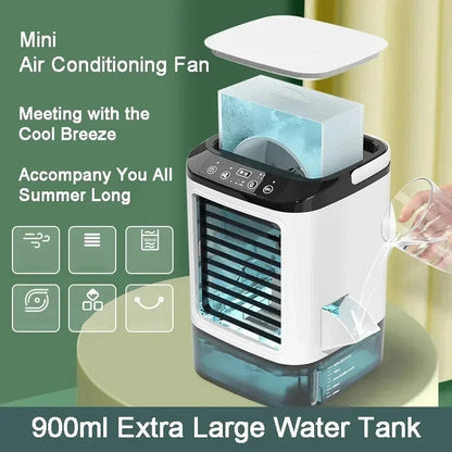 Belro 3-speed portable air conditioner with ultrasonic cooling for outdoor use, compact and efficient for home and garden.