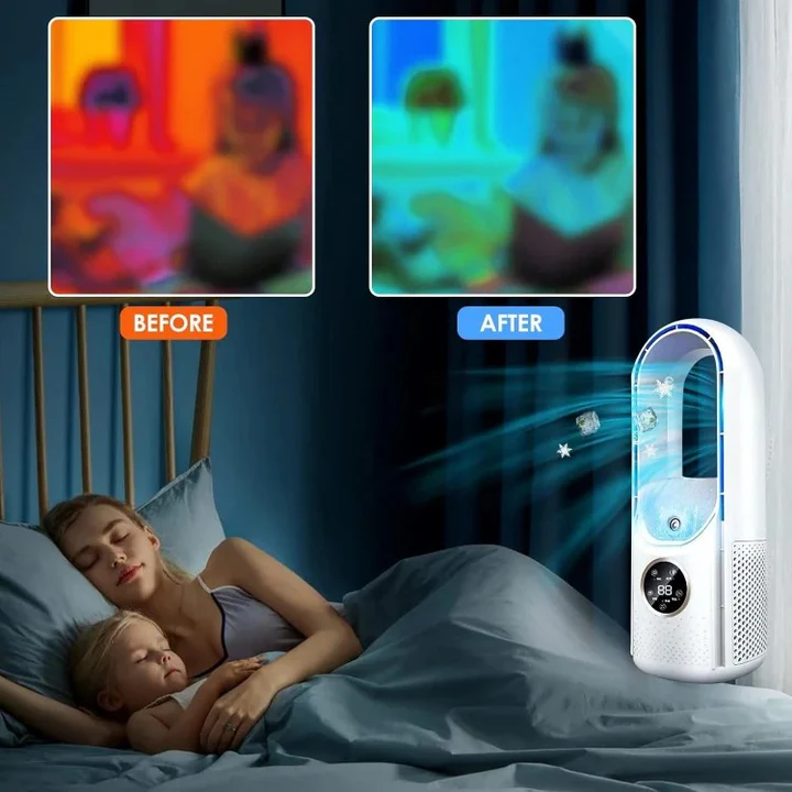 Bladeless portable air conditioner by BowLift with sleek design, showing vents and control panel for personal cooling.