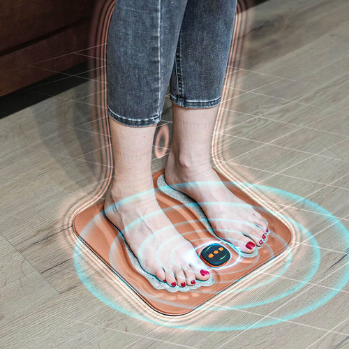 Portable Mivoza Deutschland foot stimulator for neuropathy pain relief, showing device with foot pads and control panel.
