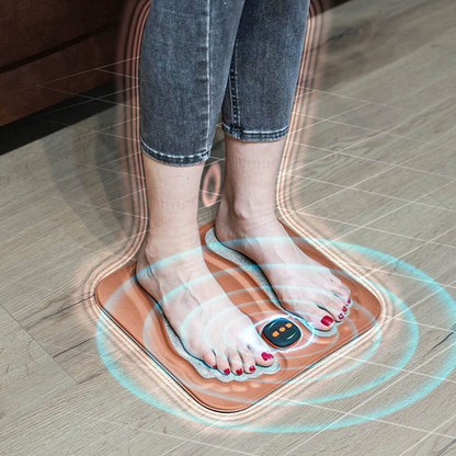 Portable Mivoza Deutschland foot stimulator for neuropathy pain relief, showing device with foot pads and control panel.