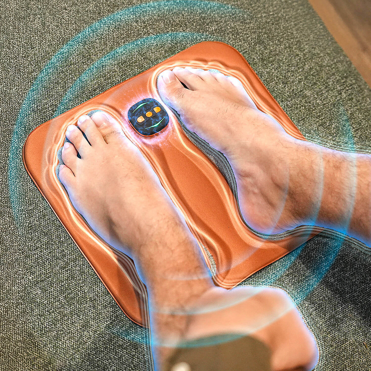 Mivoza Deutschland foot stimulator device for neuropathy pain relief, portable and rechargeable, with control buttons and foot pads.