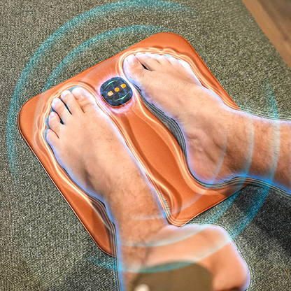 Mivoza Deutschland foot stimulator device for neuropathy pain relief, portable and rechargeable, with control buttons and foot pads.