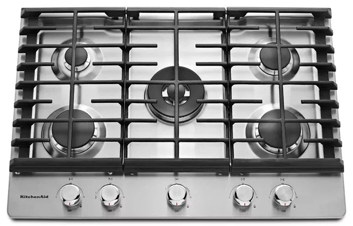 Casavibeo KitchenAid 30-inch 5-burner gas cooktop with black finish and control knobs, featuring multiple burners for versatile cooking.
