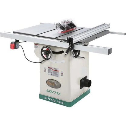 Casavibeo Grizzly G0771Z 10-inch 2 HP hybrid table saw with T-shaped fence, showing the saw blade and fence setup.