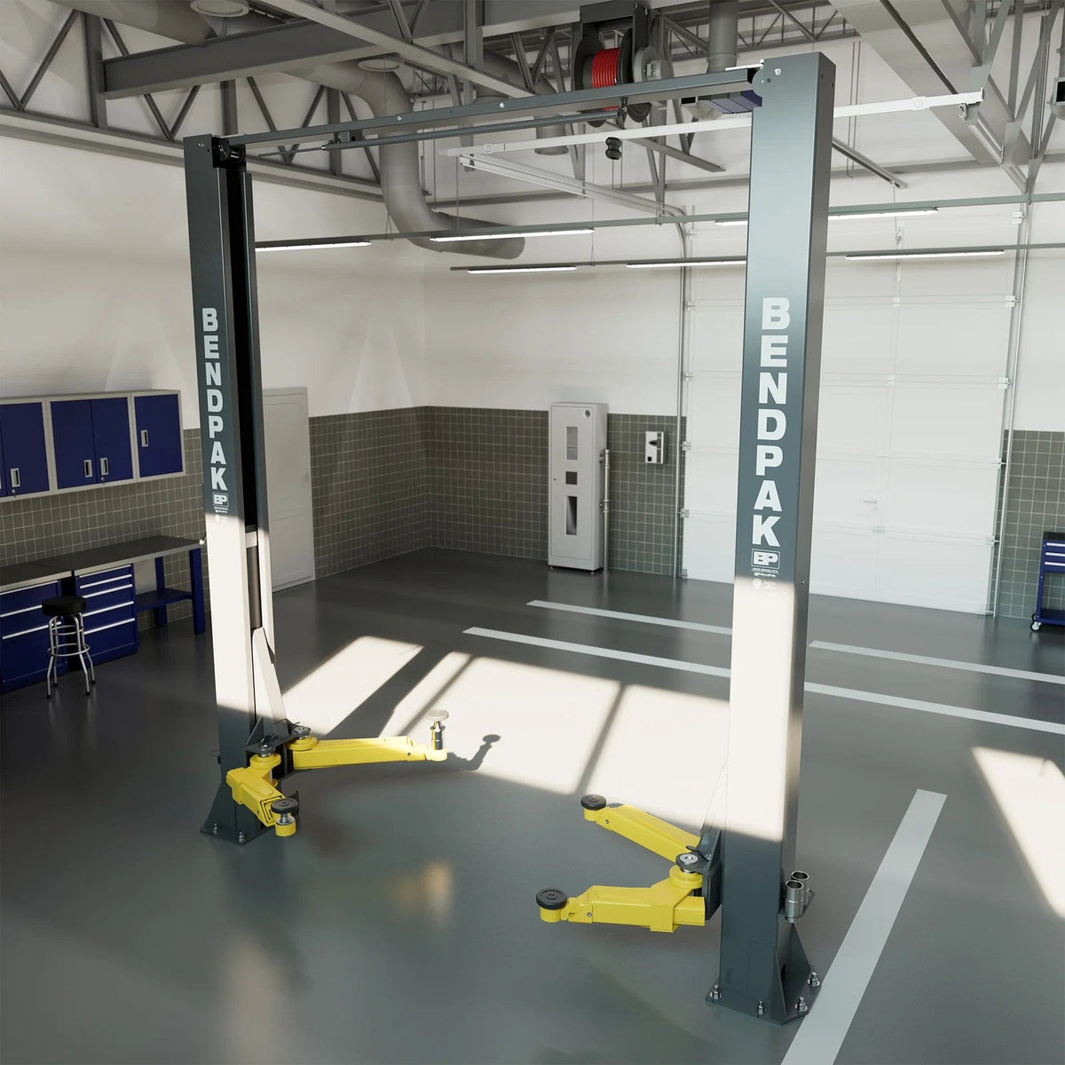 Casavibeo BendPak 10AP 10,000 lb. two-post lift shown with hydraulic arms and sturdy support posts for vehicle lifting.