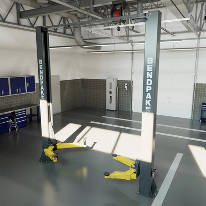 Casavibeo BendPak 10AP 10,000 lb. two-post lift shown with hydraulic arms and sturdy support posts for vehicle lifting.