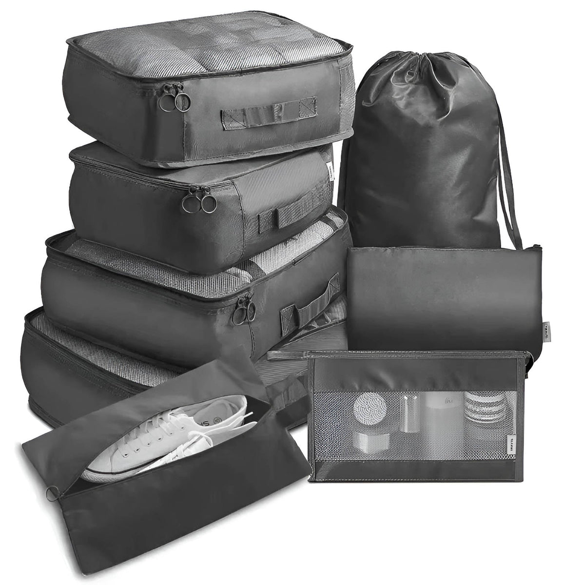 Set of seven Belro packing cubes for travel, organized in various sizes, designed for efficient packing and luggage organization.