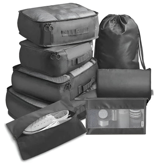 Set of seven Belro packing cubes for travel, organized in various sizes, designed for efficient packing and luggage organization.