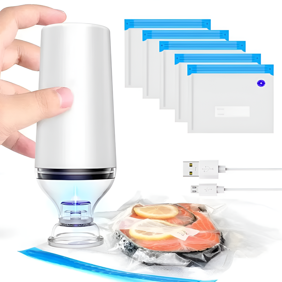Belro compact food vacuum sealer with sealing bags, shown with vacuum sealer device and sealed food storage bags.