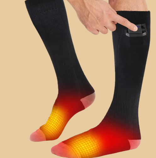 Two pairs of Belro unisex heated socks for outdoor use, showing cozy, insulated socks with heating elements for cold weather comfort.