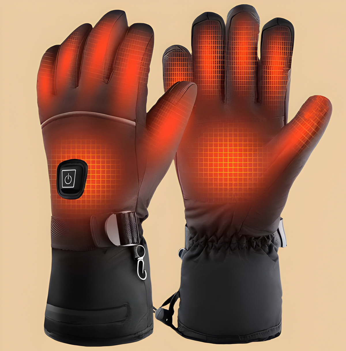 Black Belro heated gloves with touchscreen fingertips, showing insulated design and adjustable heating controls.