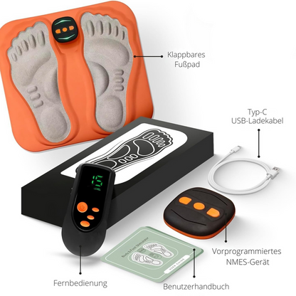 Mivoza Deutschland foot stimulator for neuropathy pain relief, portable and rechargeable device with electrode pads on foot.