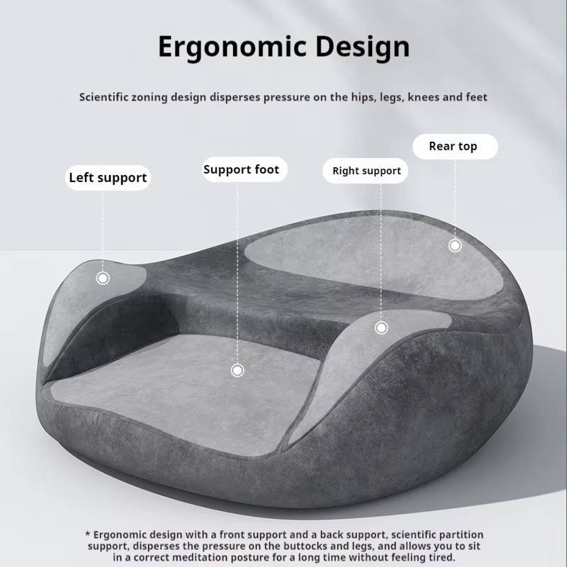 Belro meditation cushion in soft fabric with a round shape, used for comfortable seated meditation practice.