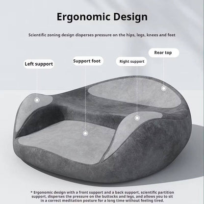 Belro meditation cushion in soft fabric with a round shape, used for comfortable seated meditation practice.