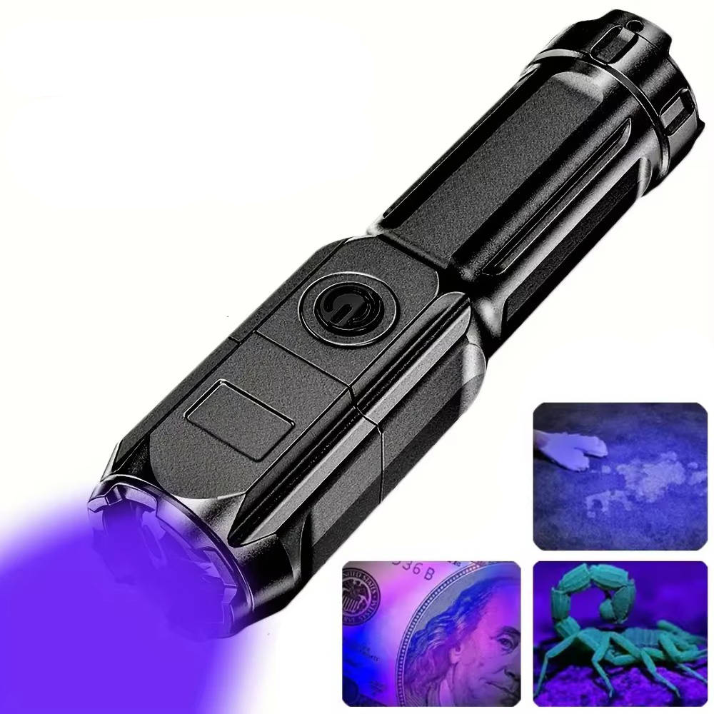 Belro rechargeable ultraviolet UV flashlight with zoom feature, designed for men’s clothing inspection and versatile UV light use