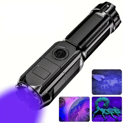 Belro rechargeable ultraviolet UV flashlight with zoom feature, designed for men’s clothing inspection and versatile UV light use