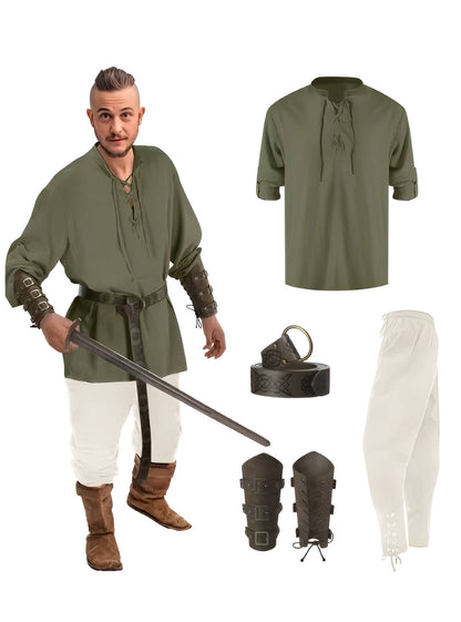 Belro men's 4-piece medieval Halloween costume set with tunic, cape, belt, and pants, perfect for a festive medieval party.