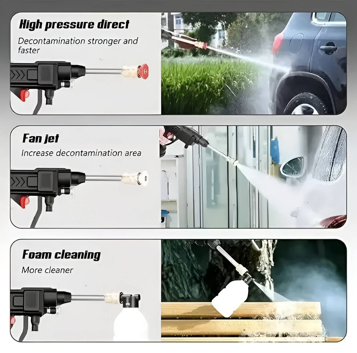 Belro cordless high pressure water gun set for cleaning cars, patios, and garden furniture, shown in use with garden background