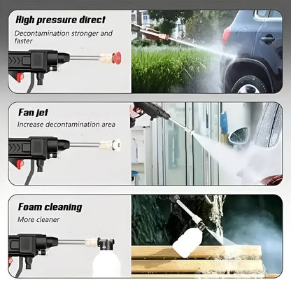 Belro cordless high pressure water gun set for cleaning cars, patios, and garden furniture, shown in use with garden background
