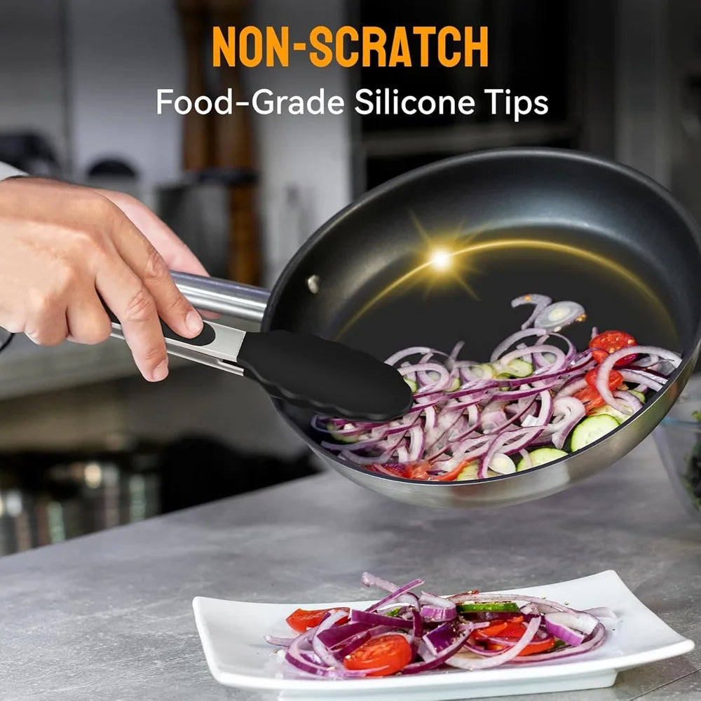 Set of three Belro silicone kitchen tongs with black handles, ideal for cooking and serving in the kitchen.
