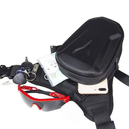Belro motorcycle leg bag with adjustable strap, compact storage for riding gear, and durable black material.
