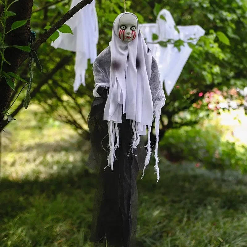 Belro Halloween hanging ghost decoration with skull detail, perfect for spooky costume parties or haunted house decor.