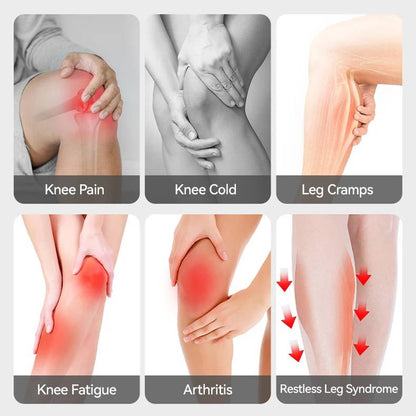 Belro cordless knee massager with heat and vibration, worn as suspenders, designed for pain relief and muscle relaxation.