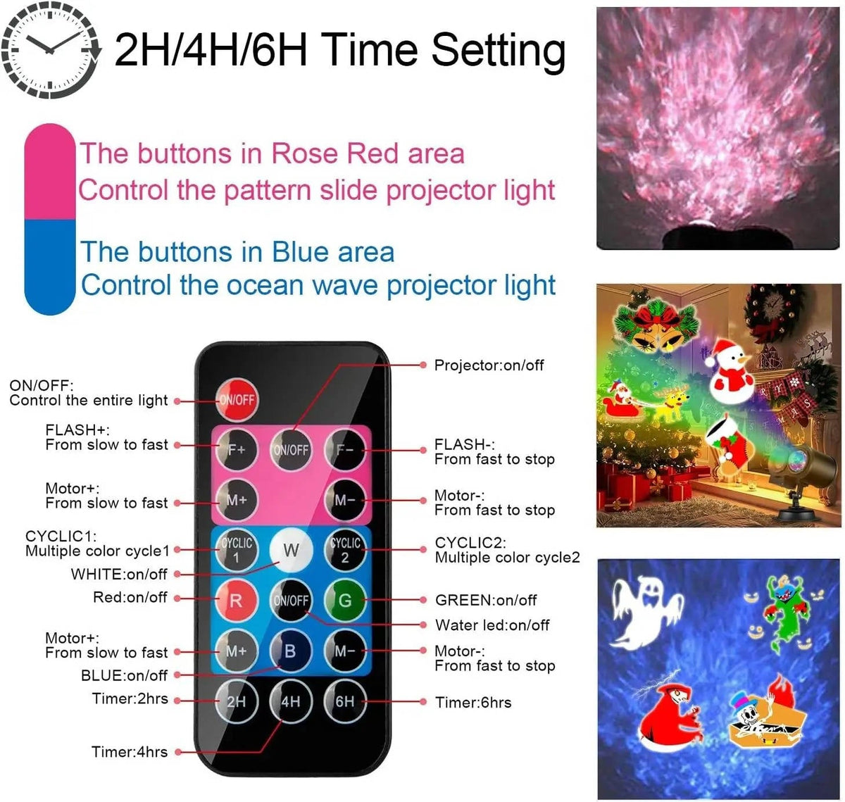 Belro outdoor Christmas projector lights displaying festive holiday patterns on a wall during nighttime.