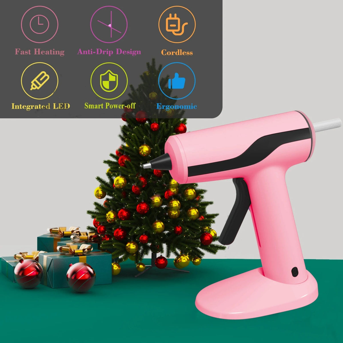 Pink Belro cordless hot glue gun kit for men, showing the handheld device with glue sticks ready for crafting or repairs.