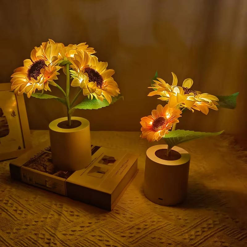Belro sunflower-shaped night light illuminating with warm yellow glow, ideal for cozy bedroom lighting decor.