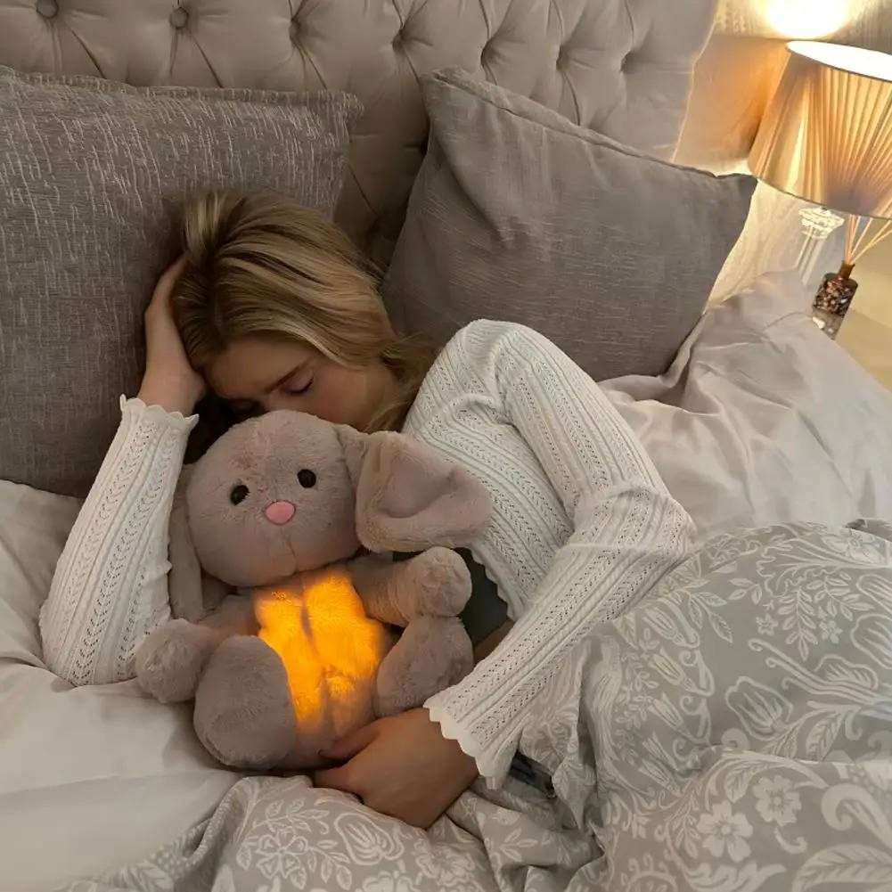Belro breathing stuffed animal bunny wearing men's clothing, soft plush toy with detailed features and a cozy appearance.