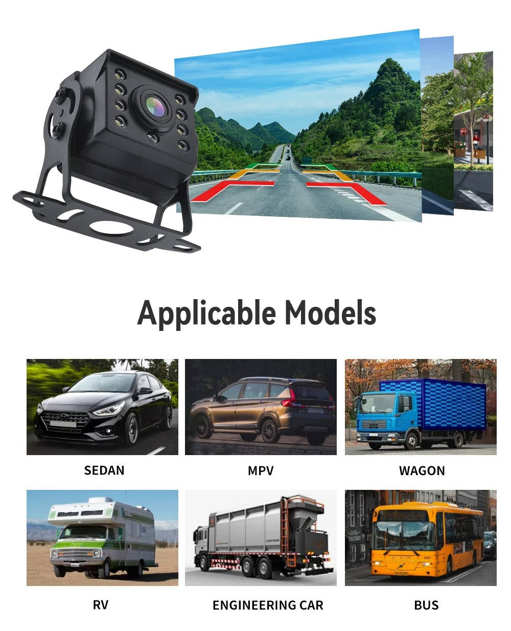 Wireless Belro reverse camera for cars, trucks, and caravans, showing the compact camera and wiring setup.
