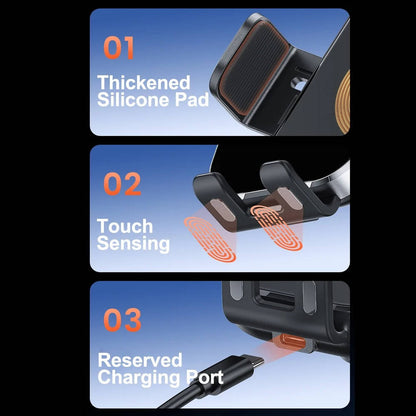 Belro wireless car charger phone mount attached to a car dashboard with a smartphone held securely in place.