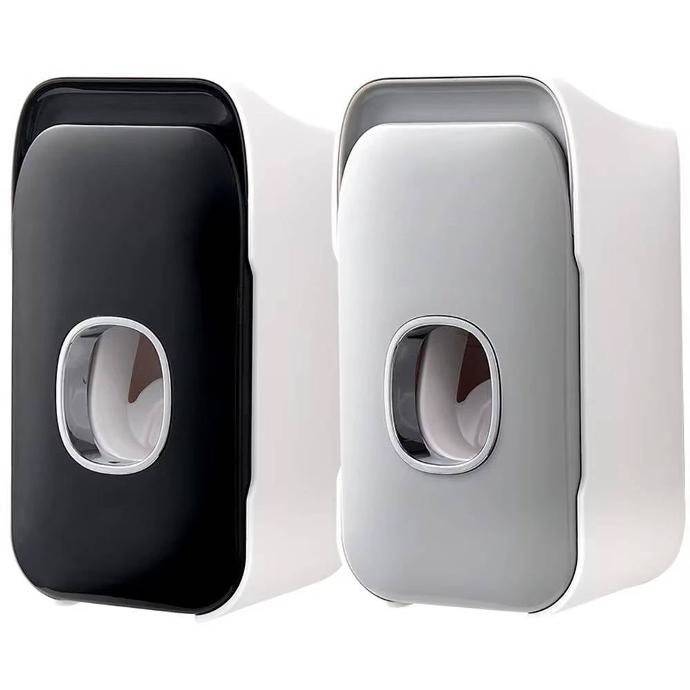 Wall-mounted Belro automatic toothpaste dispenser in white with a sleek design, showing the dispenser ready for use.