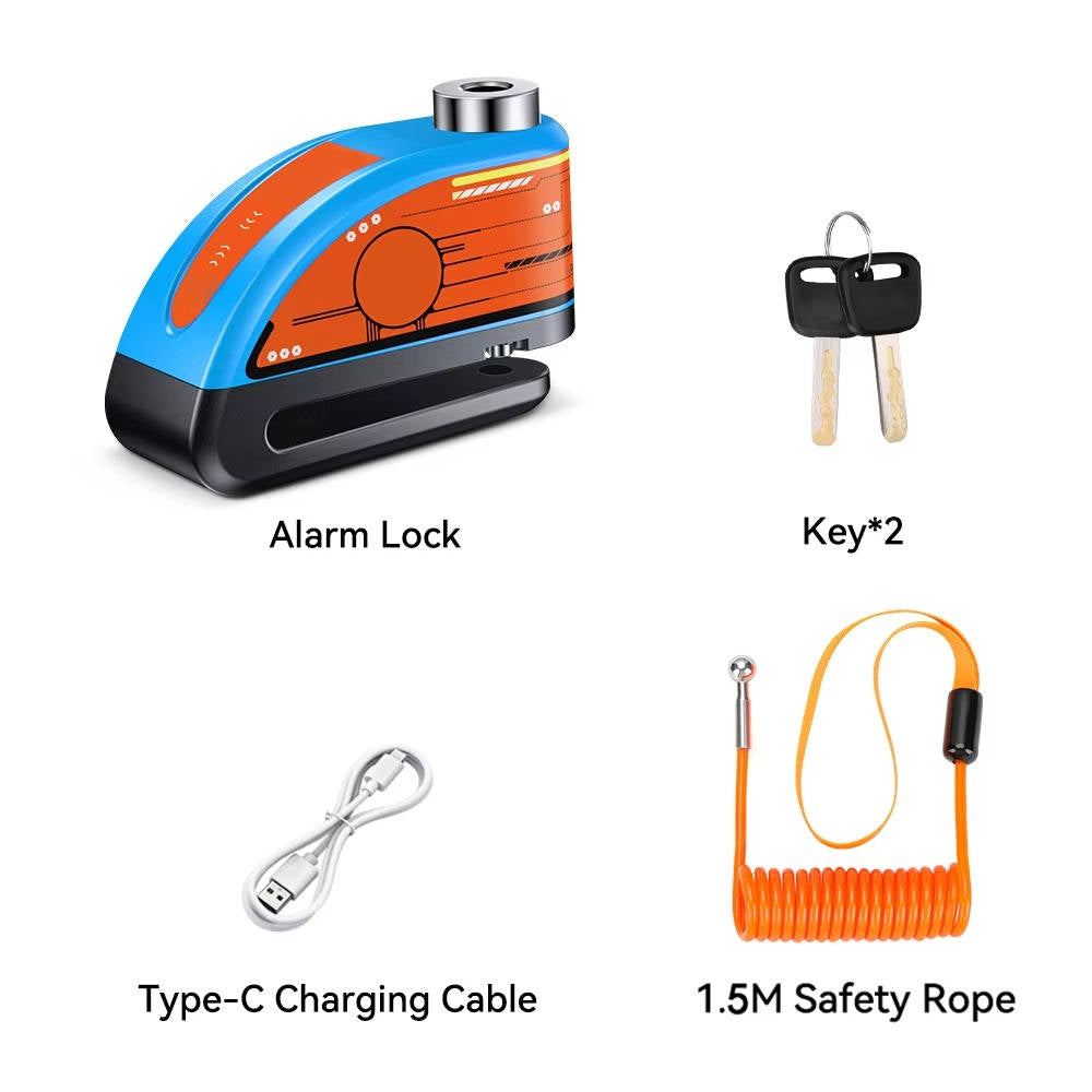 Belro motorcycle disc lock alarm secured on a motorcycle brake disc, outdoor security device for bike safety.