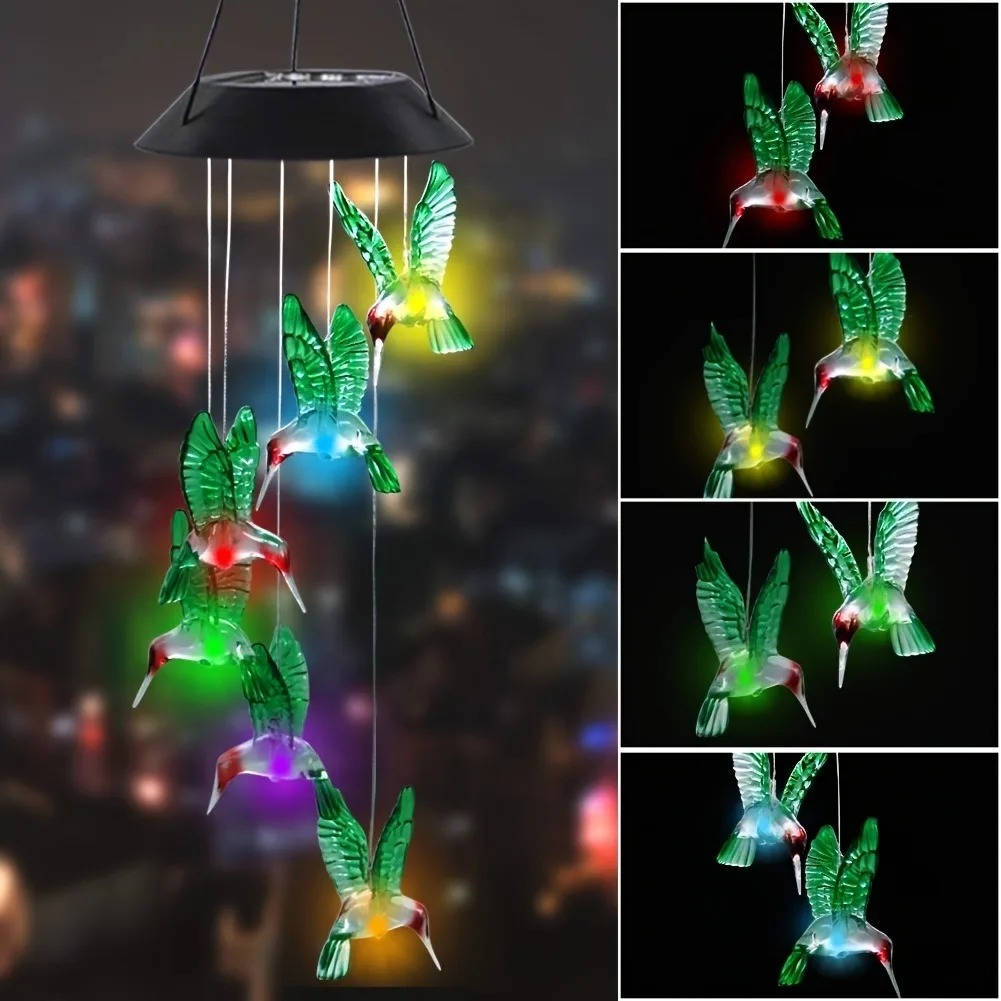 Belro solar wind chimes hanging outdoors, creating soothing sounds and decorative ambiance in a garden or patio setting.