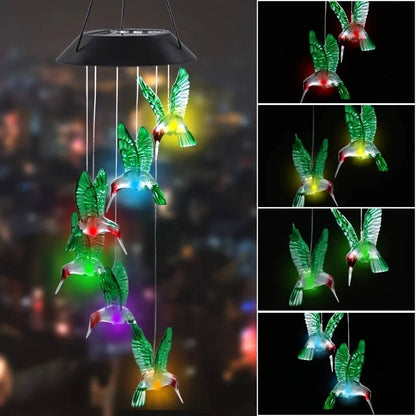 Belro solar wind chimes hanging outdoors, creating soothing sounds and decorative ambiance in a garden or patio setting.