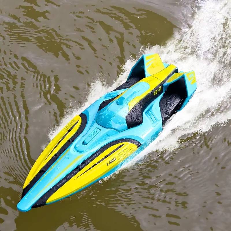 Belro RC high-speed boat toy gliding on water with sleek design and bright colors, perfect for outdoor water play and fun.