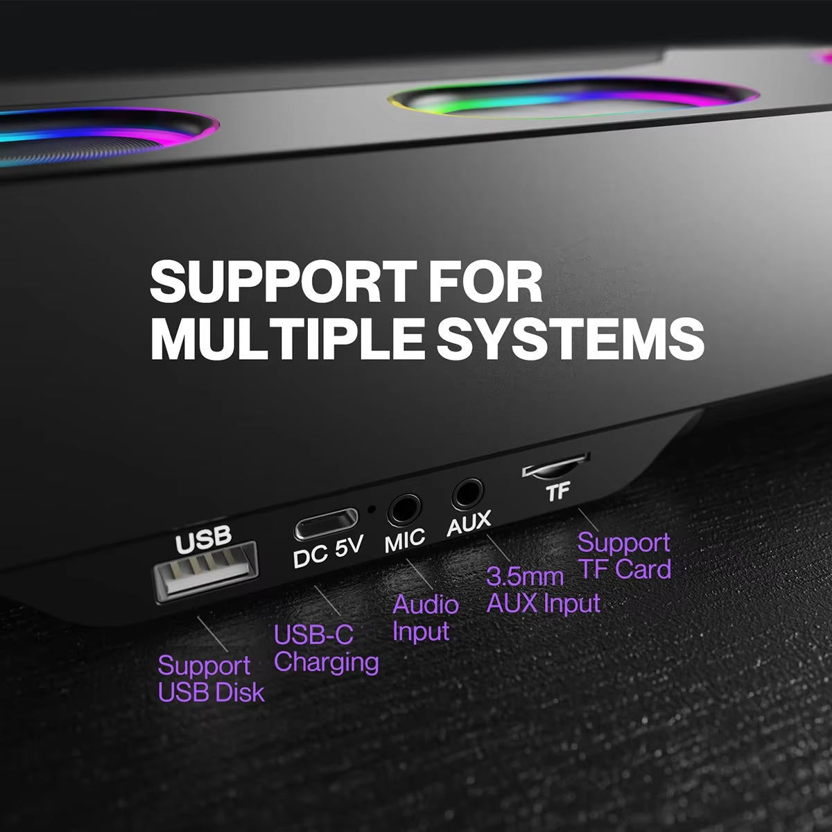 Wireless RGB computer speakers by Belro with sleek black design, illuminated RGB lighting, and audio control features.